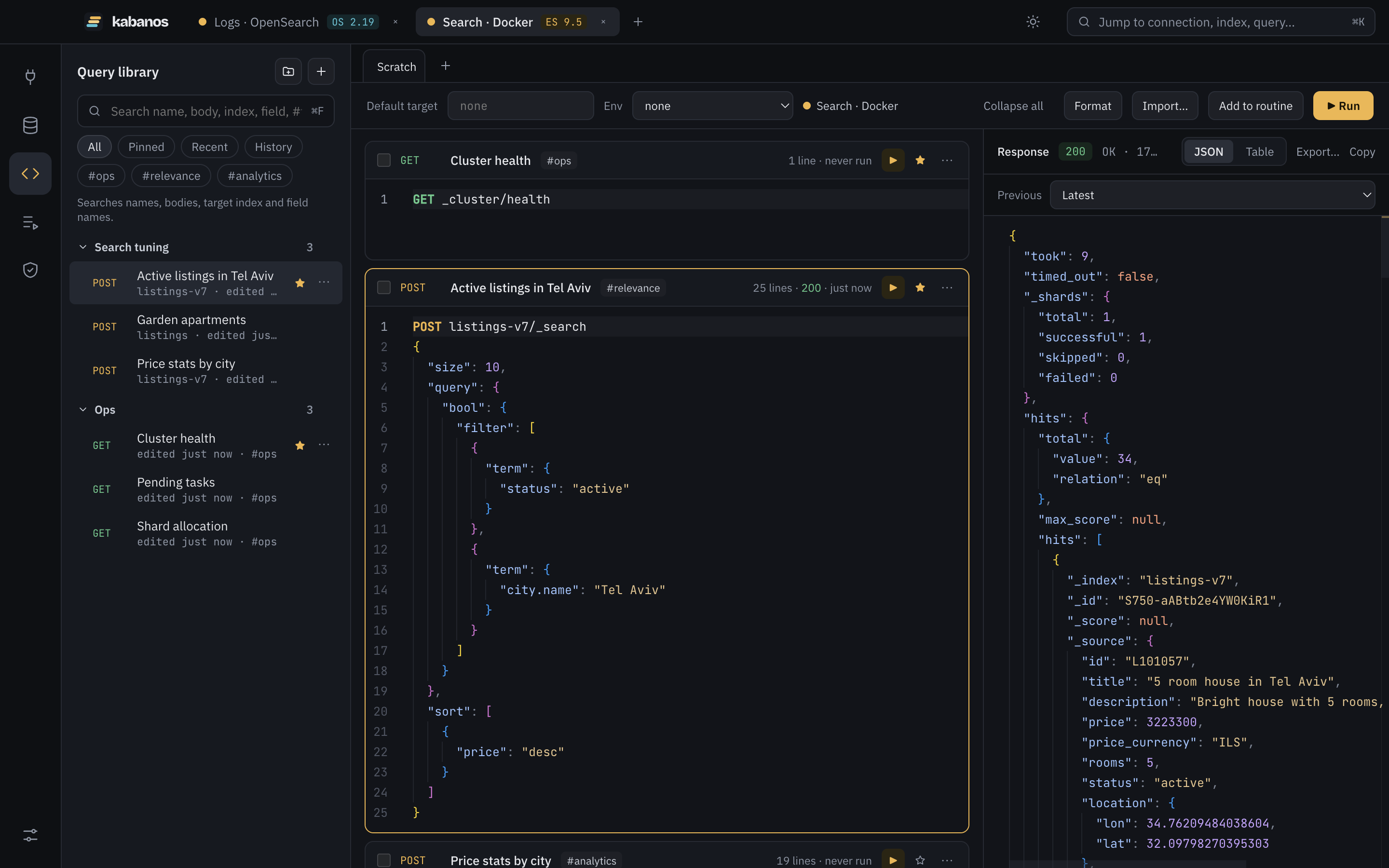 The kabanos query workspace: a library of saved queries on the left, named request blocks in the middle and a JSON response on the right.